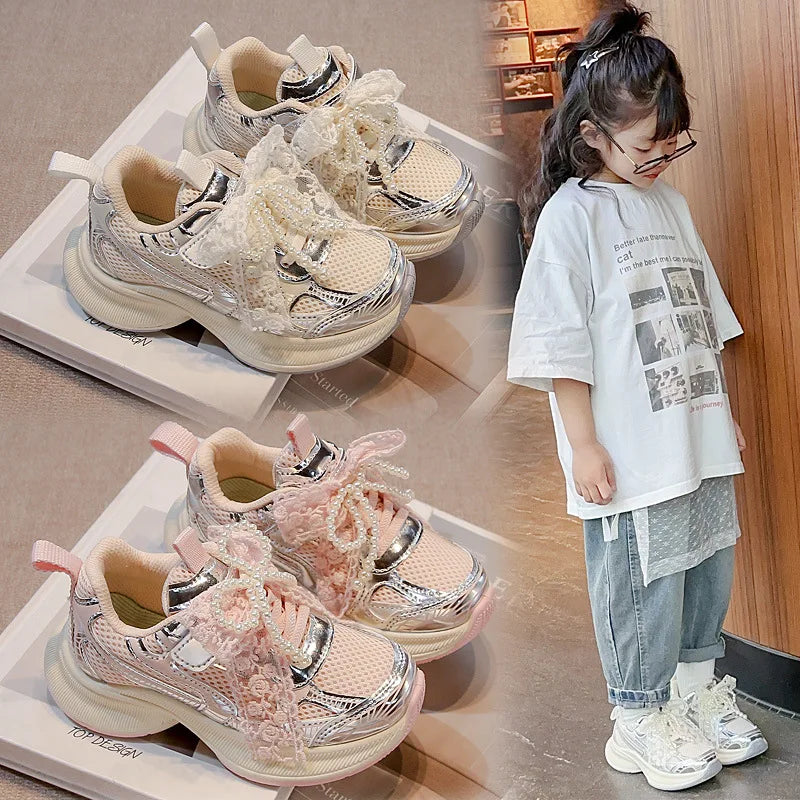 Girls’ Lace and Pearl Embellished Chunky Sneakers for Kids