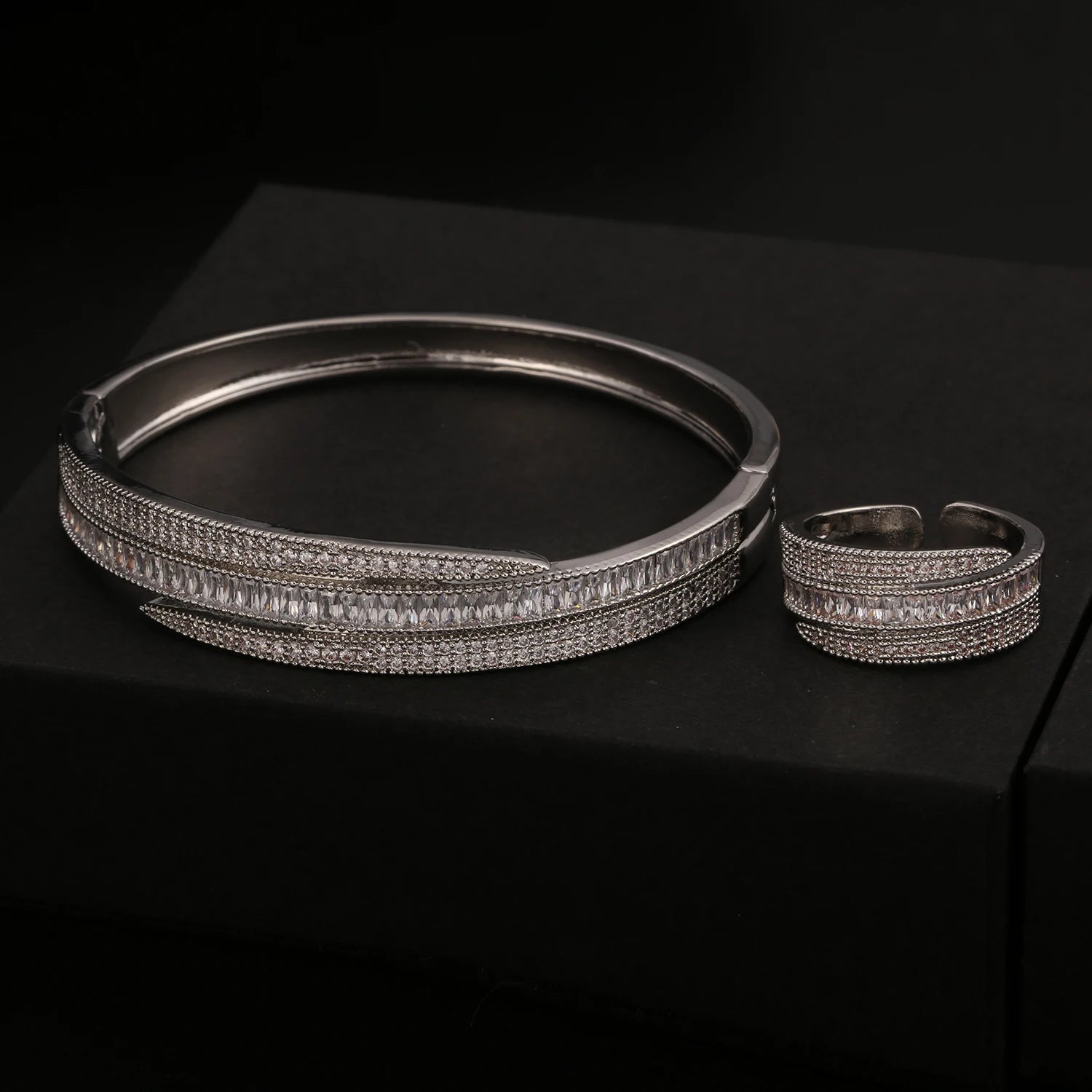 18K Gold Plated Bangle Ring Set for Women with CZ Stones