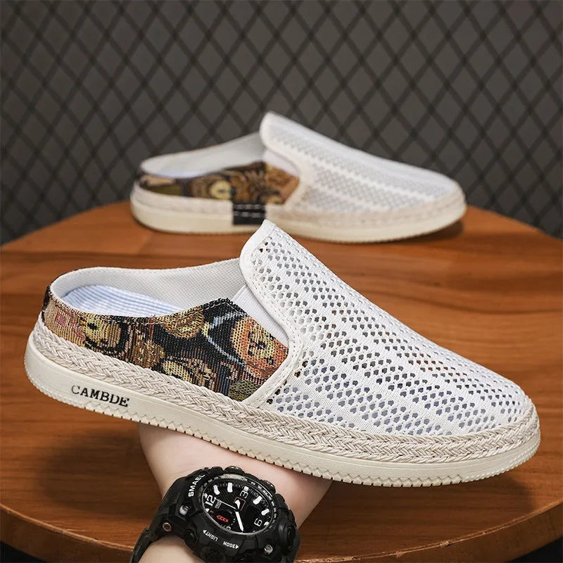 Men's Shoes Mesh Half Slippers Trend Outdoor Round Toe Casual Shoes Lightweight Hollow Sneakers Summer Breathable Slip-On Shoes