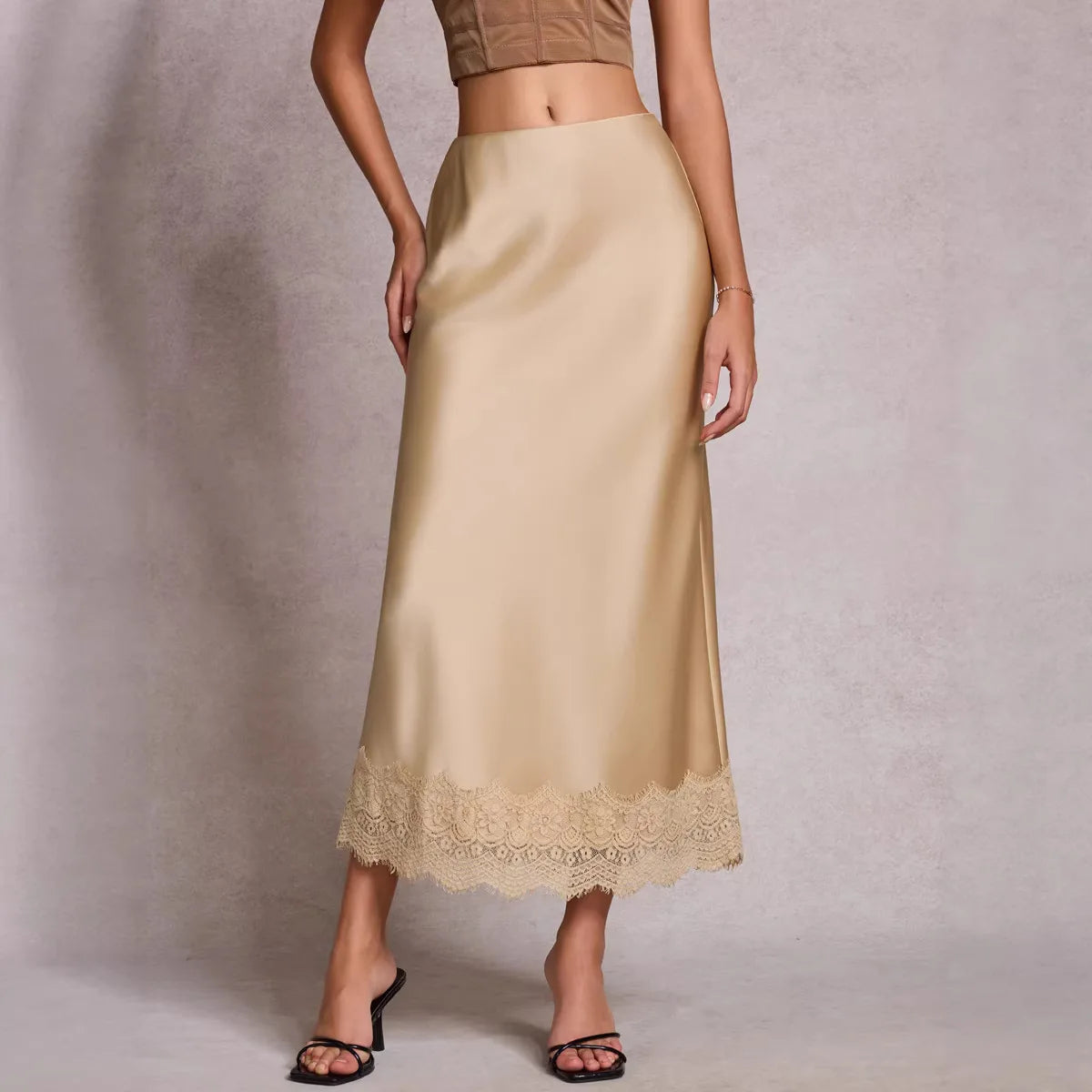 Elegant Satin Midi Skirt for Women with Lace Detail