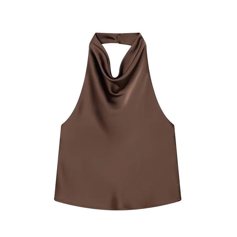 MUJER Black Satin Backless Halter Top for Women Summer Nights