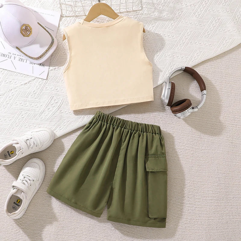 Girls Retro Rock Print Tank Top and Cargo Shorts Set