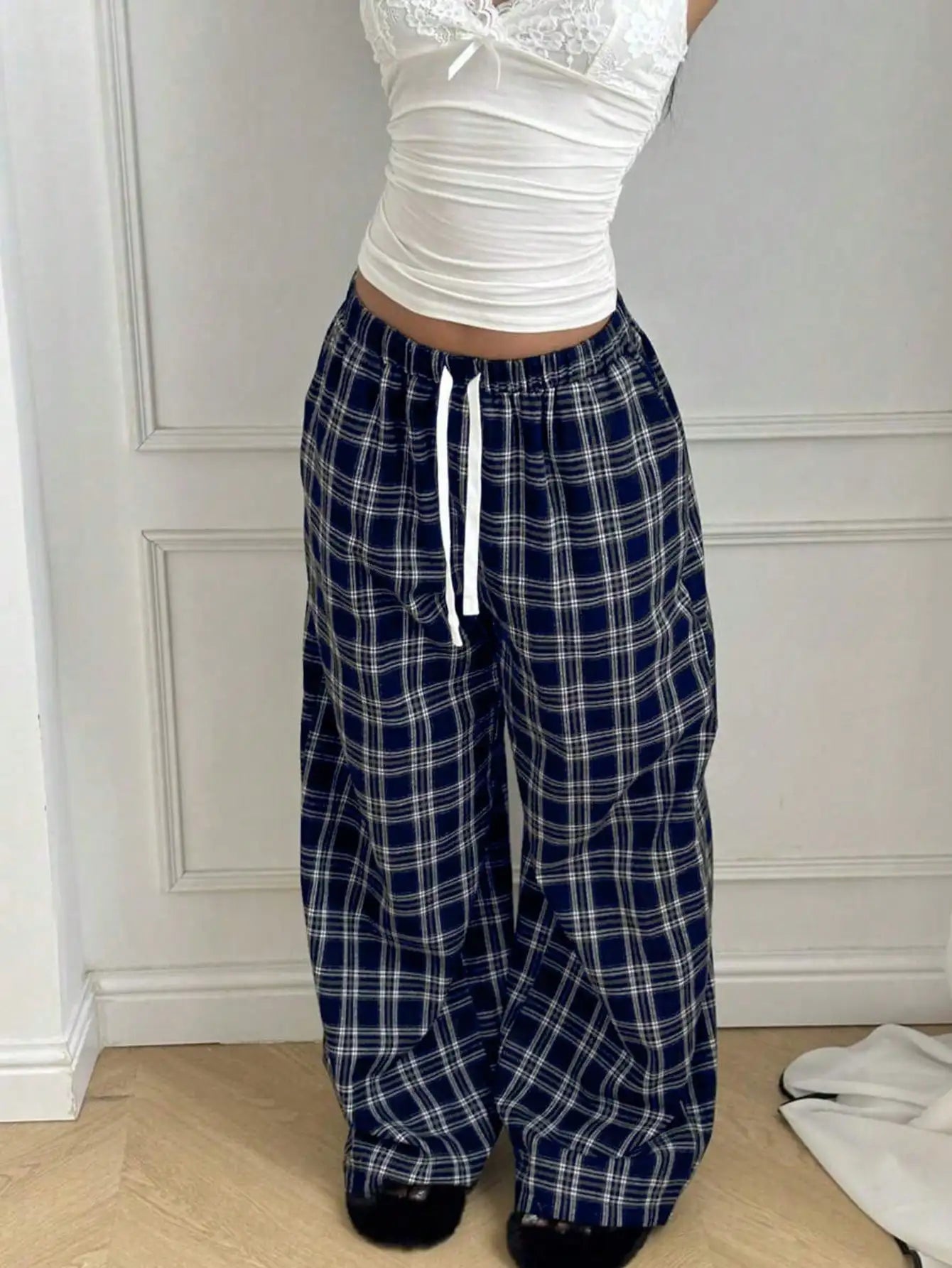 Women's High Waist Plaid Drawstring Wide Leg Pants