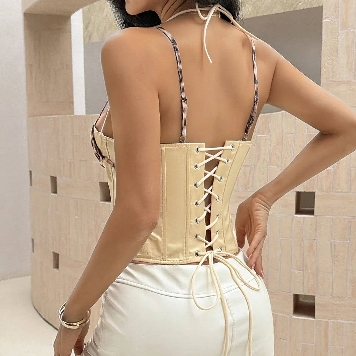 Women Sexy Leopard Print Corset Top Satin Lace Up Bustier Underwire Halter Neck Slim Fit Y2K Summer Party Tank Tops