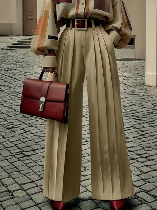 Khaki Wide Leg Pleated Pants for Women by OSHOPLIVE