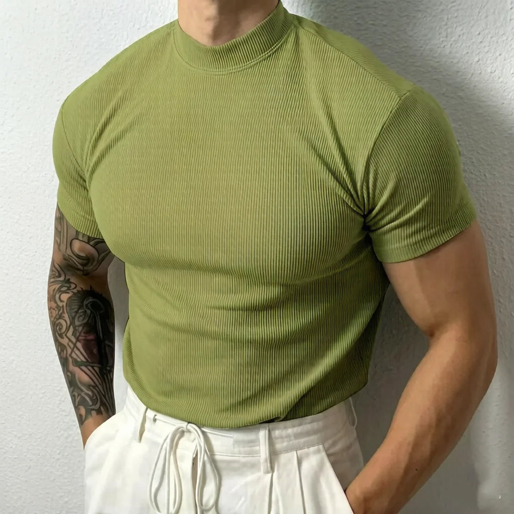Man Fashion Tops Men's T-shirt Small High Collar Stripe Shirt Casual T-shirt Short Sleeve Fitness T shirt Men Sport Clothing