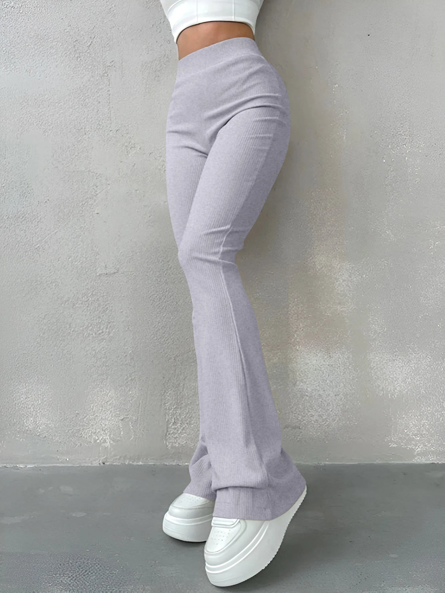 High Waisted Flared Pants for Women in Ribbed Solid Color