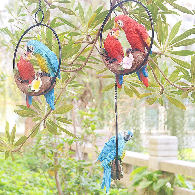 Mother Child Parrot Resin Garden Statue for Outdoor Decor