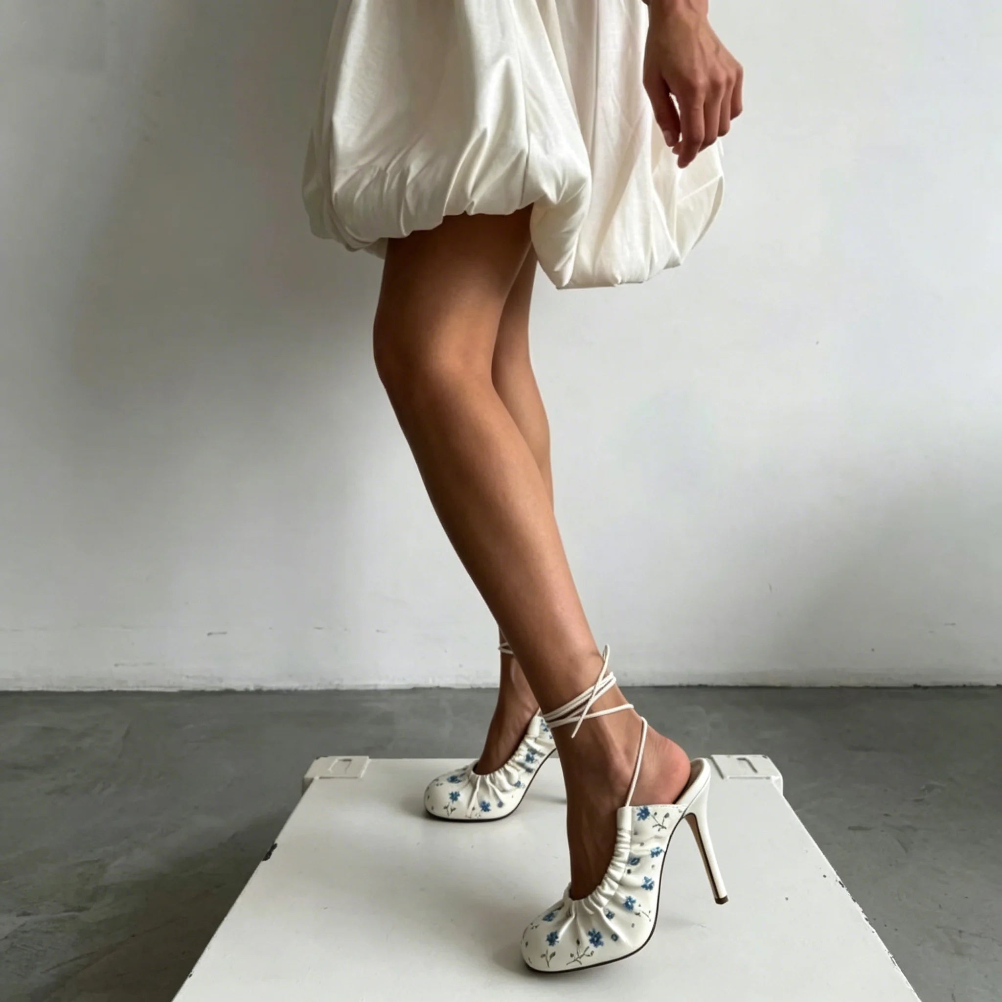 Women's 2026 new in blue flower round toe sandals leather lace up white sexy high heels luxury designer party shoes on offer