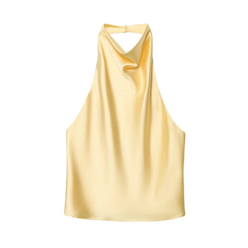 MUJER Black Satin Backless Halter Top for Women Summer Nights