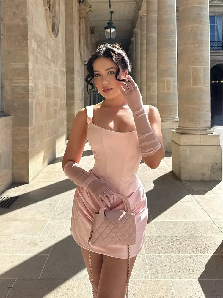 Chic Women Halter Mini Dress 2025 Pleated Backless Polyester