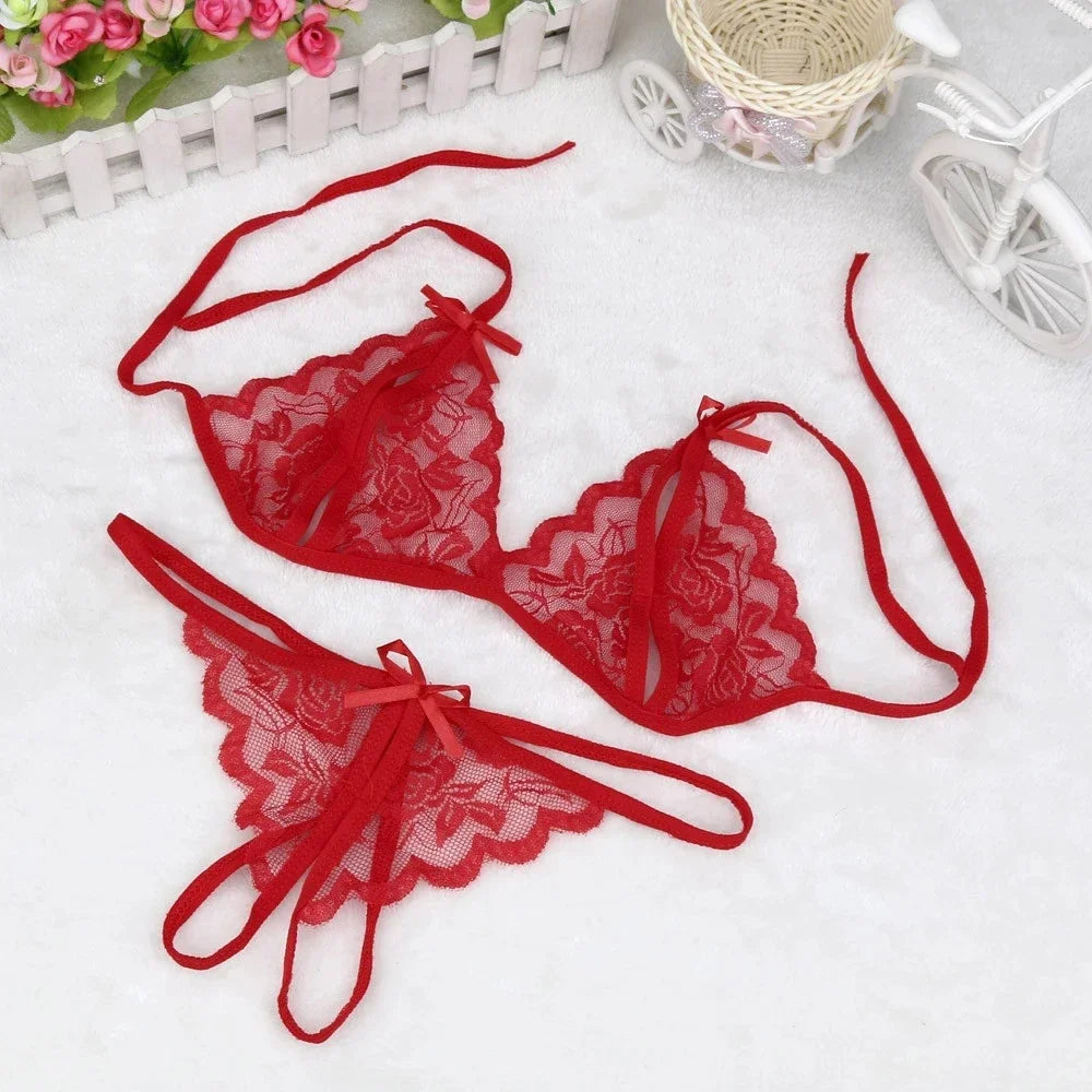 Lace Up Bra and Open Crotch G-String Set for Women