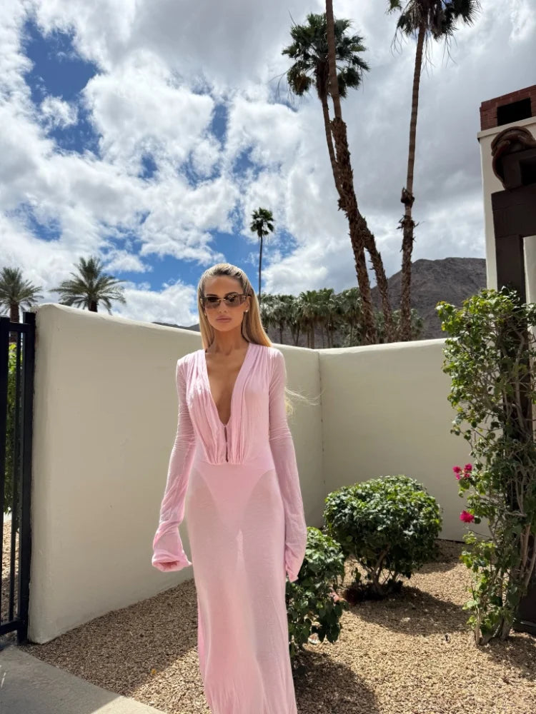 Y2k Maxi Dress for Women with Deep V Cutout and Long Sleeves