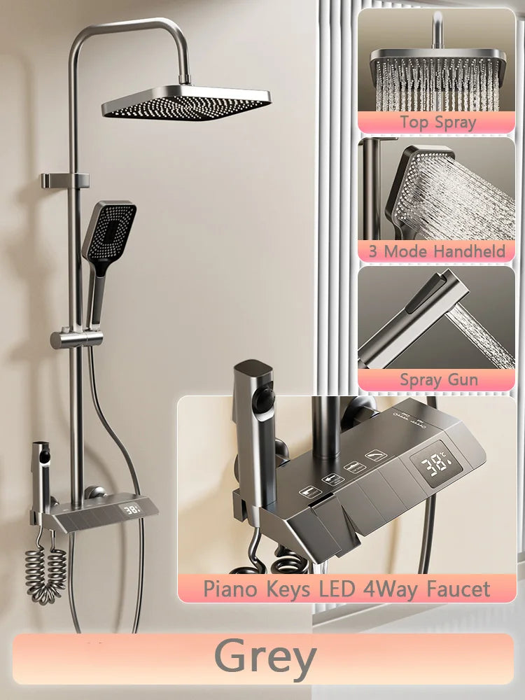 Black and White Gray Shower Set with Digital LED Display