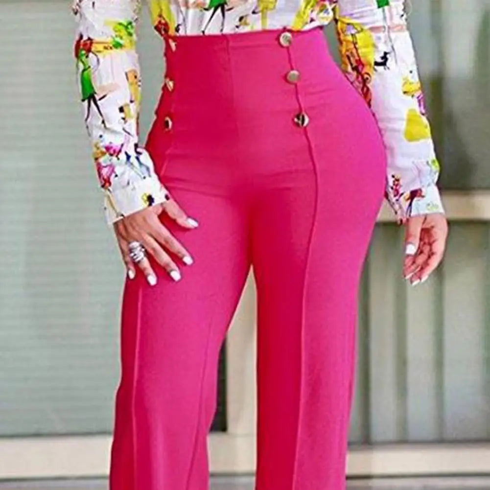 High Waist Straight Leg Women Pants with Double-Breasted Design