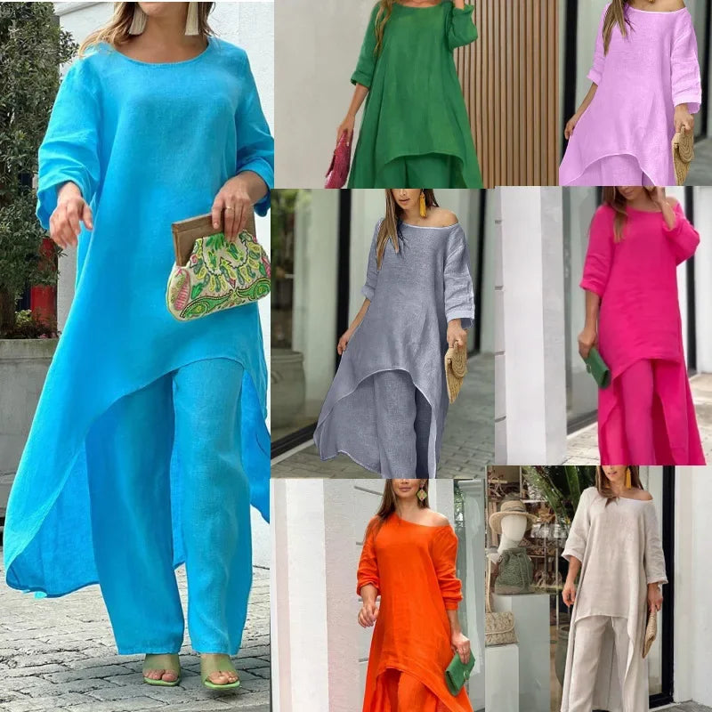 Plus Size Women's Indie Folk Asymmetrical Dress and Pants Set