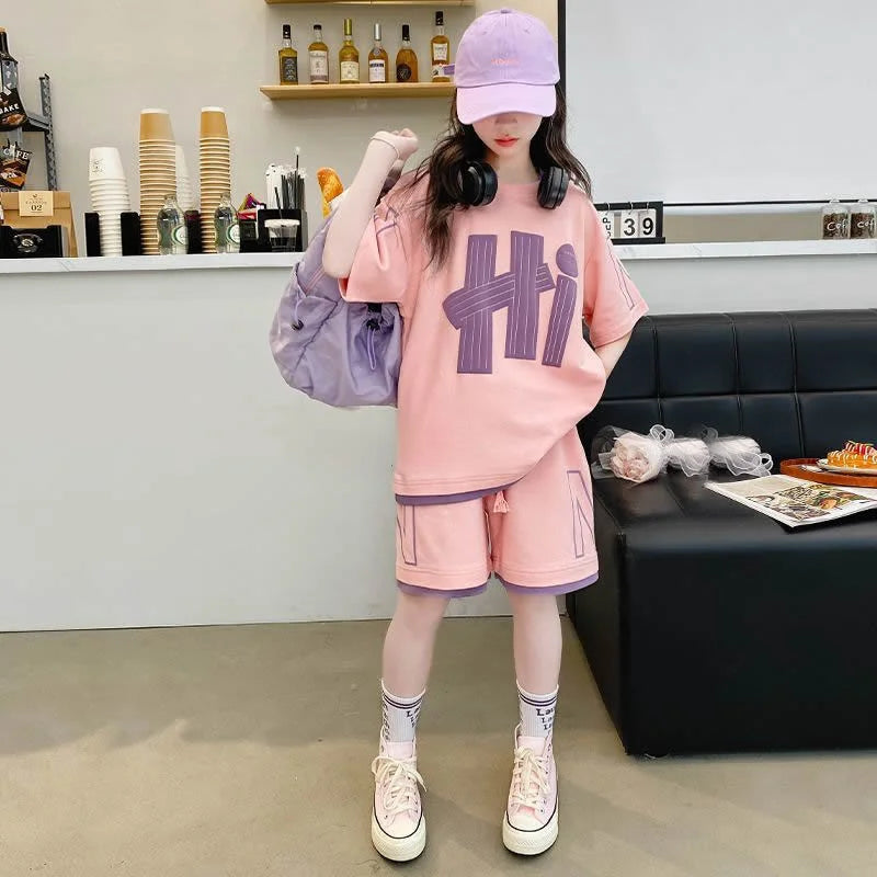 Summer Girls T-Shirt and Shorts Set in Pink and Purple