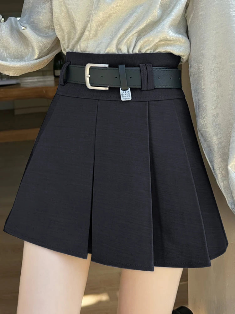 Gray High-waisted Pleated Skirt for Women with Belt