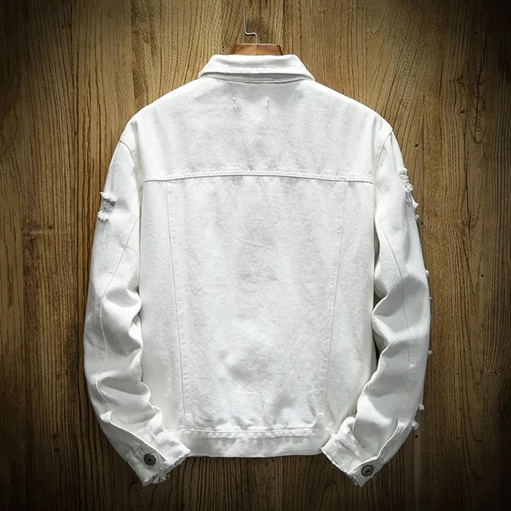 New 2024 Men's Fashion Jeans Jacket Solid Spring Autumn Cotton Denim Jacket Men White Black Pink Ripped Hole Jean Coats Male