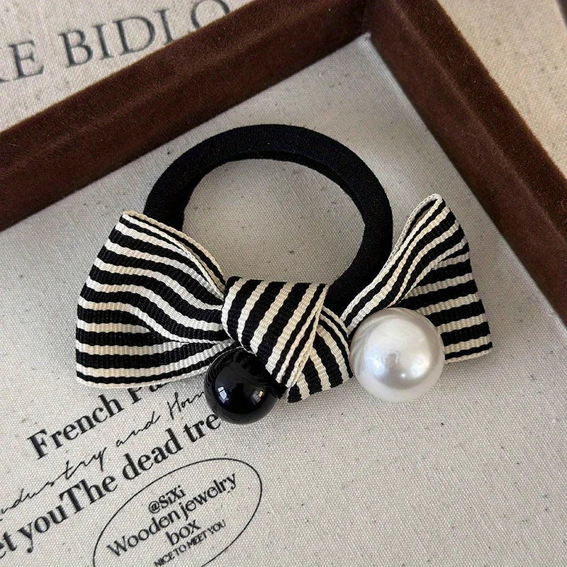 Pearl Striped Bow Scrunchies for Women Summer Headwear