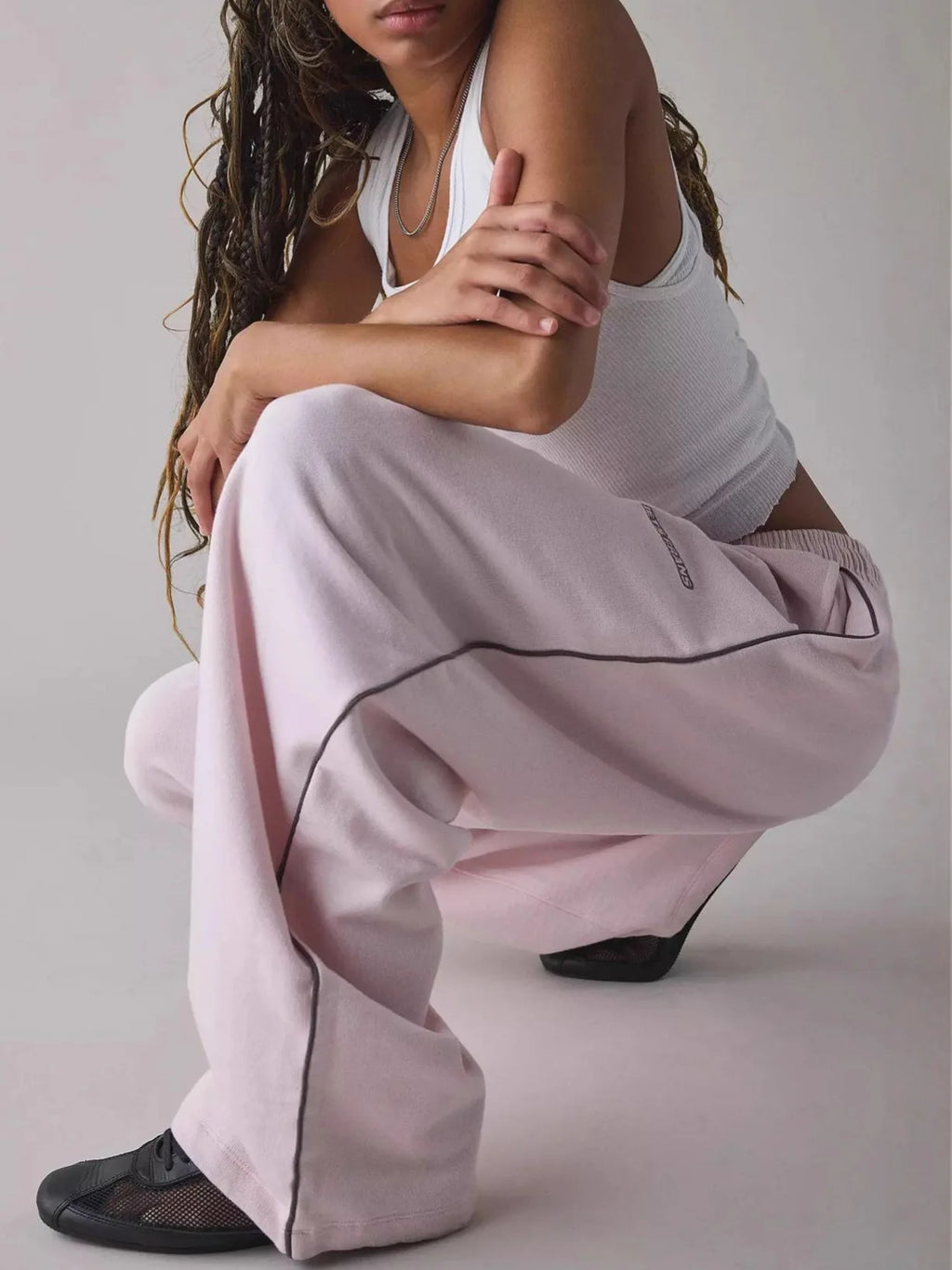 Pink Loose Casual Pants for Women in Cotton Embroidery