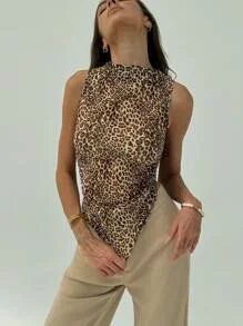 Women's Sexy Leopard Print High Neck Sleeveless Ruched Fitted Tank Top Trendy Casual Top