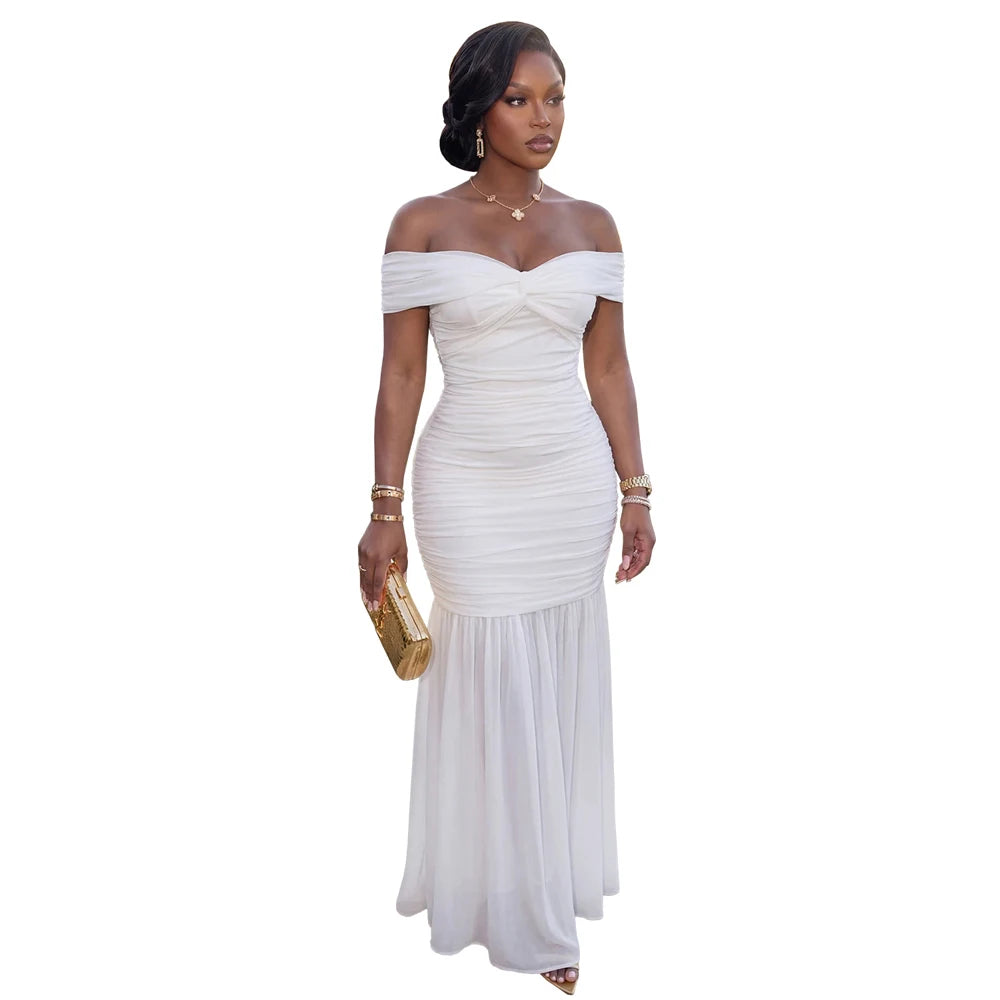 Elegant Off Shoulder Ruched Maxi Dress for Evening Events
