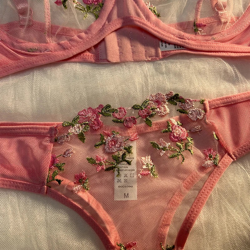 Transparent Embroidered Floral Bra and Panties Set for Women