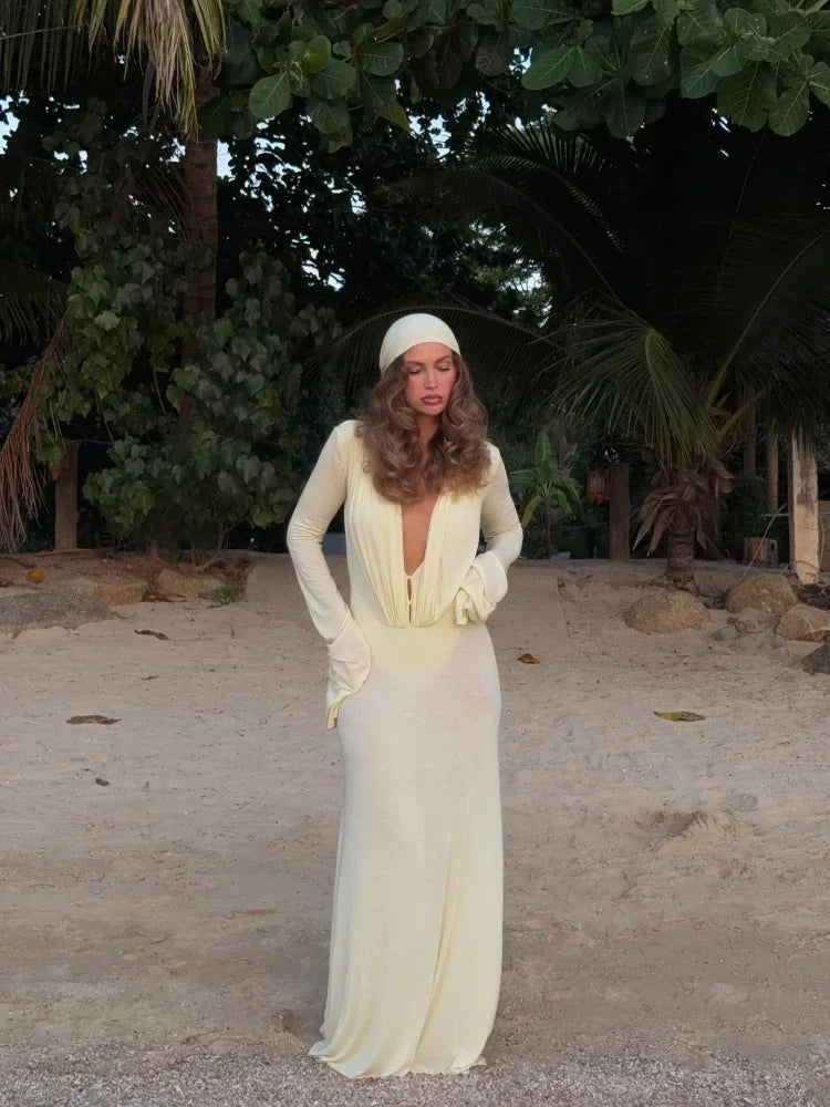 Y2k Maxi Dress for Women with Deep V Cutout and Long Sleeves