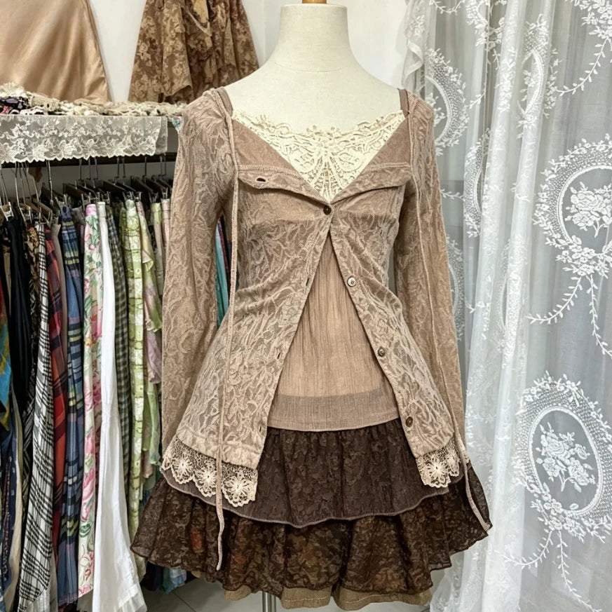 Y2K Vintage Two Piece Dress with Lace Cardigan for Juniors