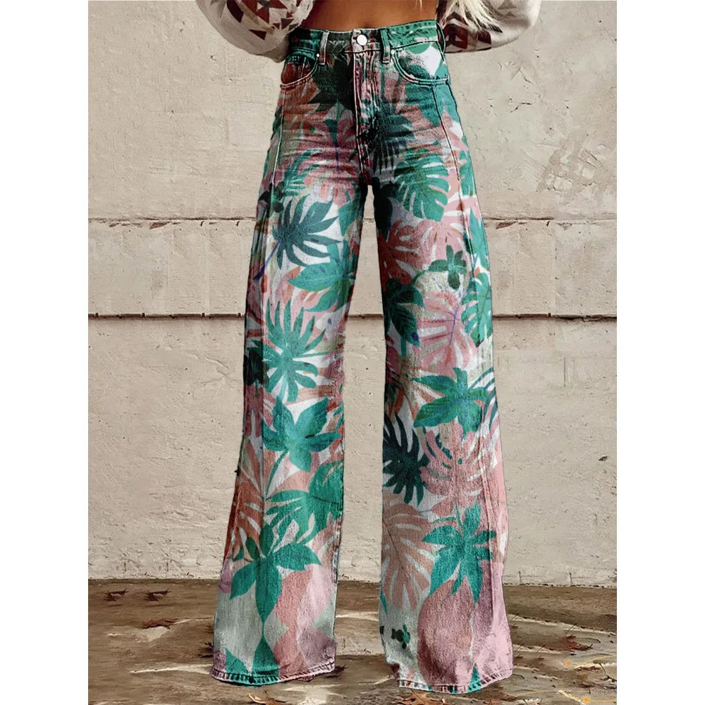 Colorful Tropical Leaf Print Wide Leg Pants for Women