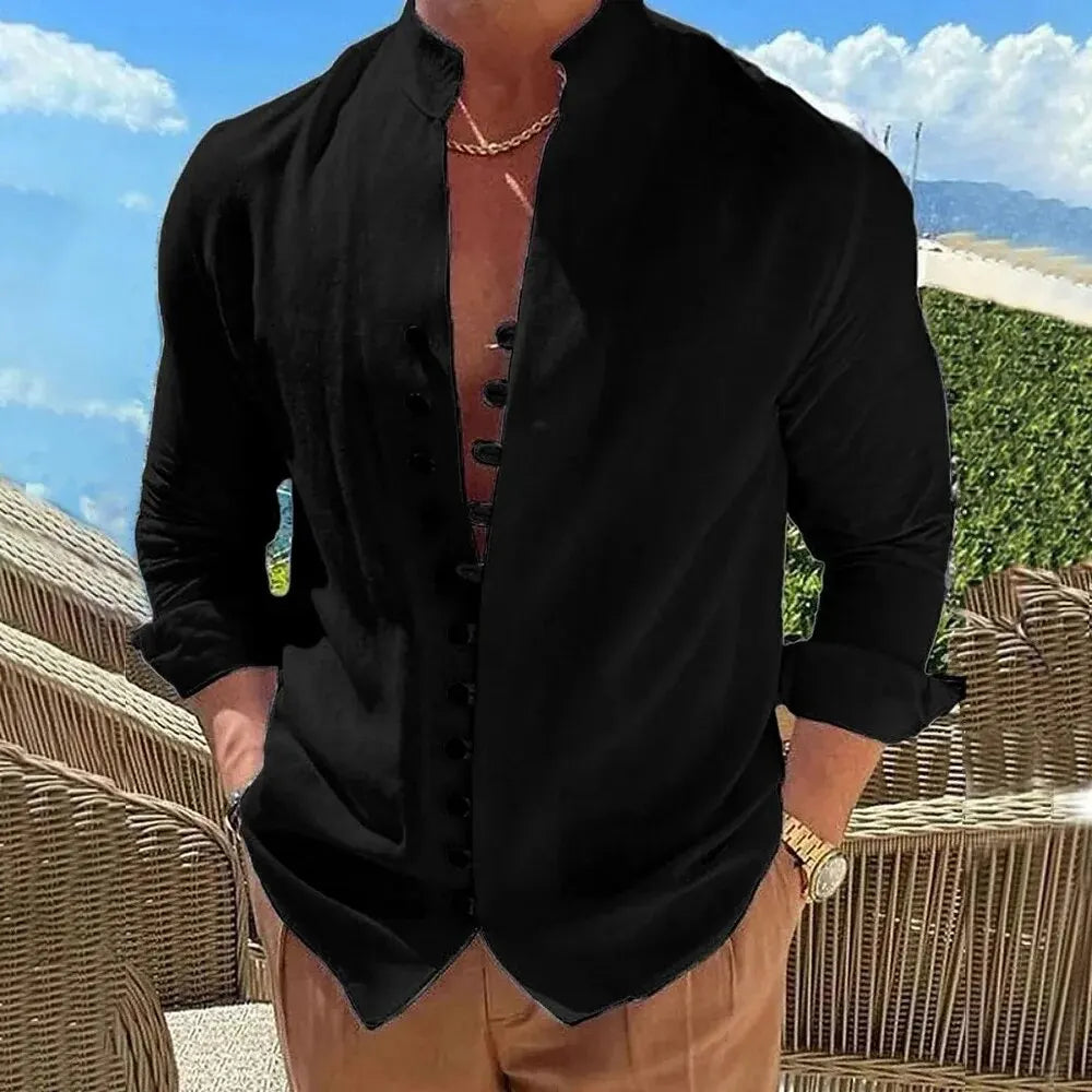 Casual Cotton Linen Shirt for Men in Solid Color