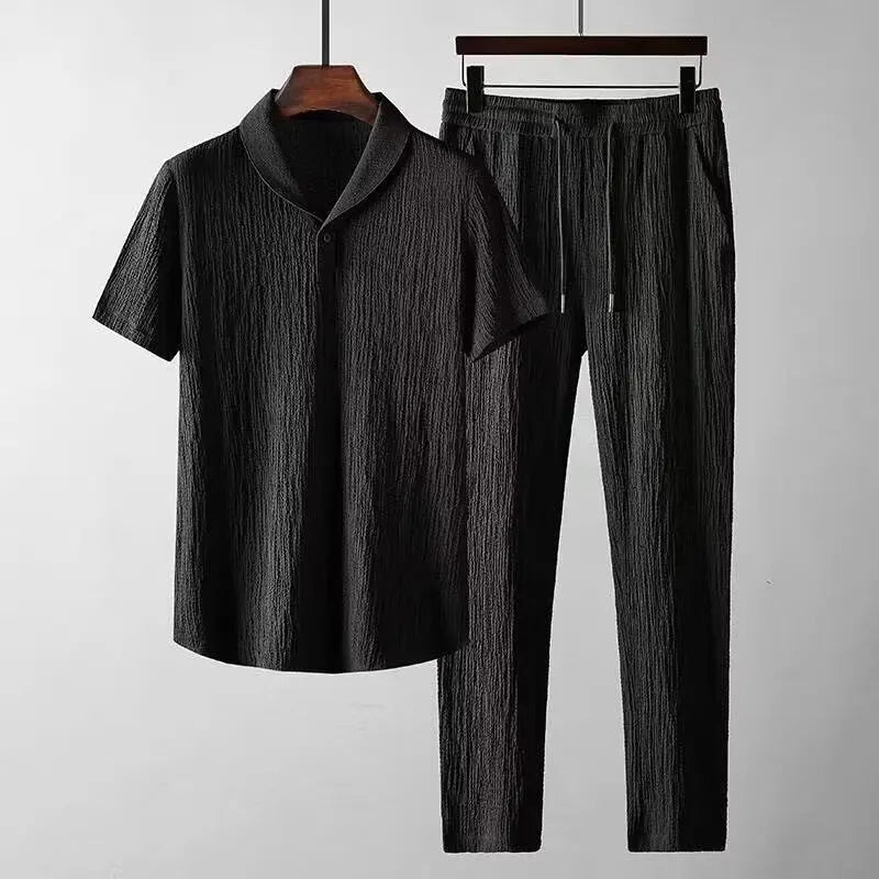 Men's Casual Summer Sports Suit with V-Neck T-Shirt and Jogger Pants
