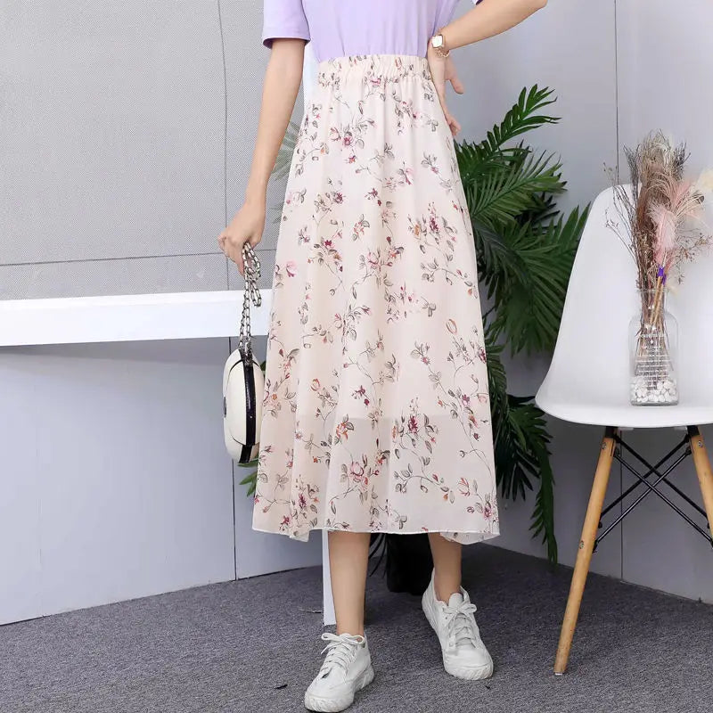 Floral High Waist Chiffon Midi Skirt for Women Summer 2025