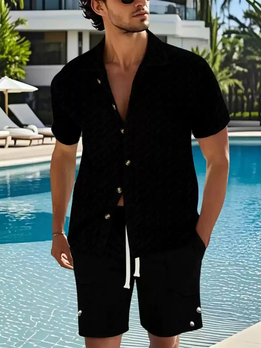 Hot Sale Men's Short-Sleeved Sets Summer Solid Loose Casual Suit Beach Style Turn-down Collar Shirts Shorts 2 Piece Sets for Men