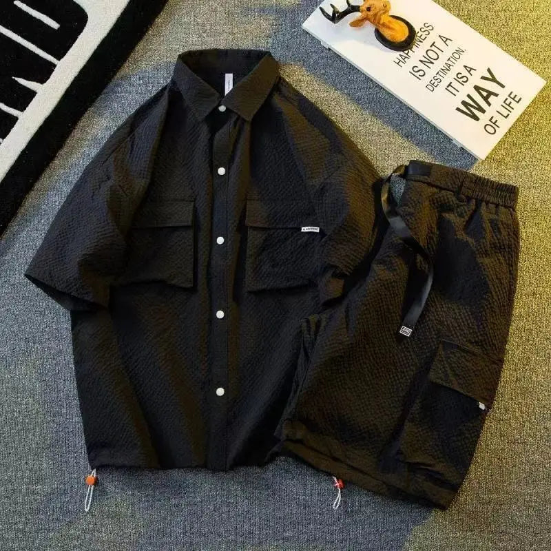 Plain Man Sets Black Shirts Shorts Suits for Men Cool Outdoor 2025 Trend Luxury Essential Basic Kpop Baggy Two-piece Set Korean