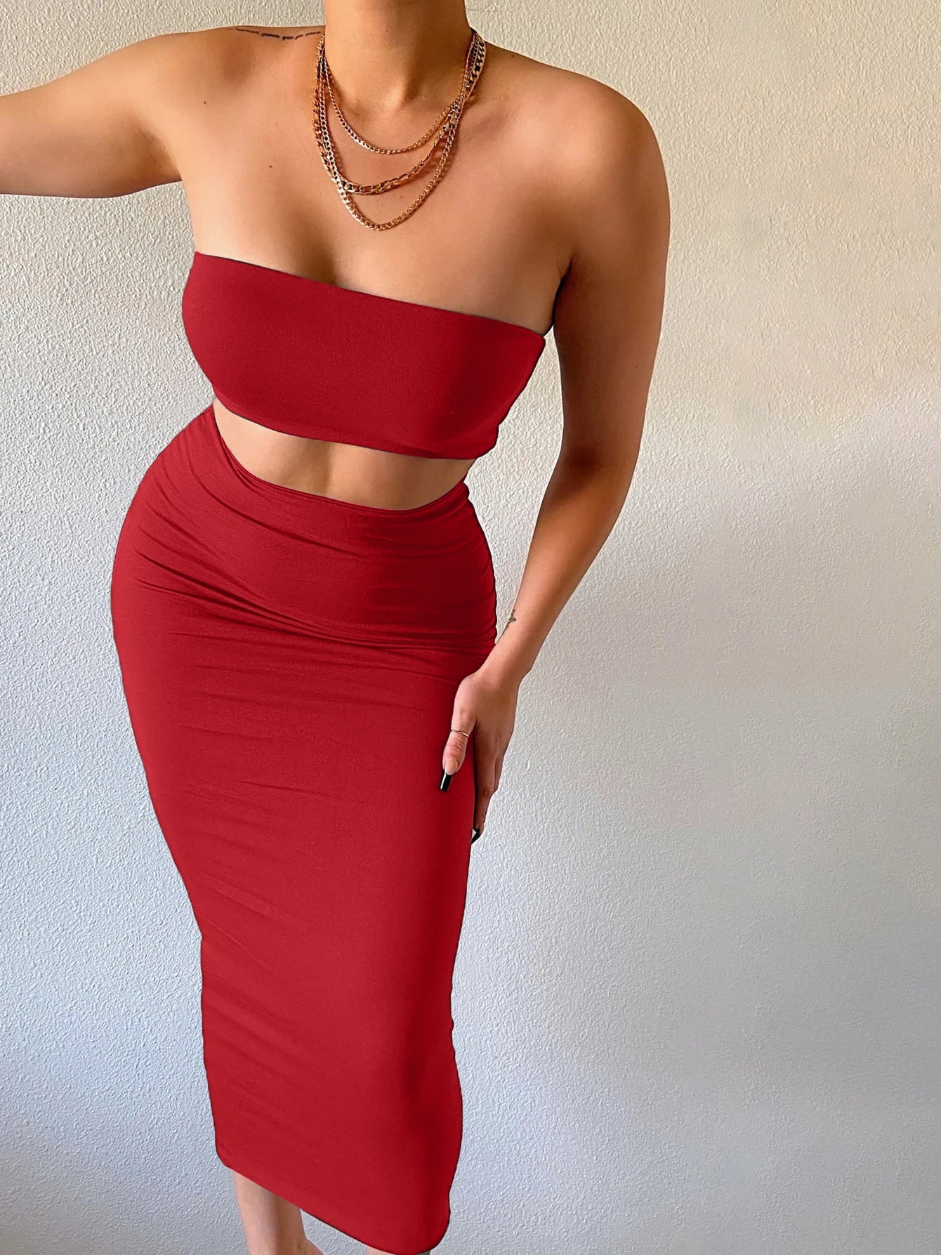 Hugcitar Women Strapless Tube Top Maxi Skirt 2 Piece Set
