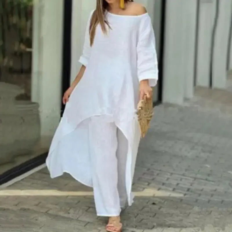 Plus Size Women's Indie Folk Asymmetrical Dress and Pants Set
