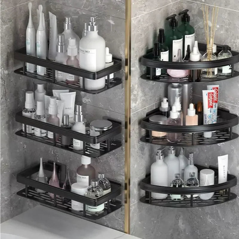 Black Space Aluminum Bathroom Storage Rack with No-Drill Mount