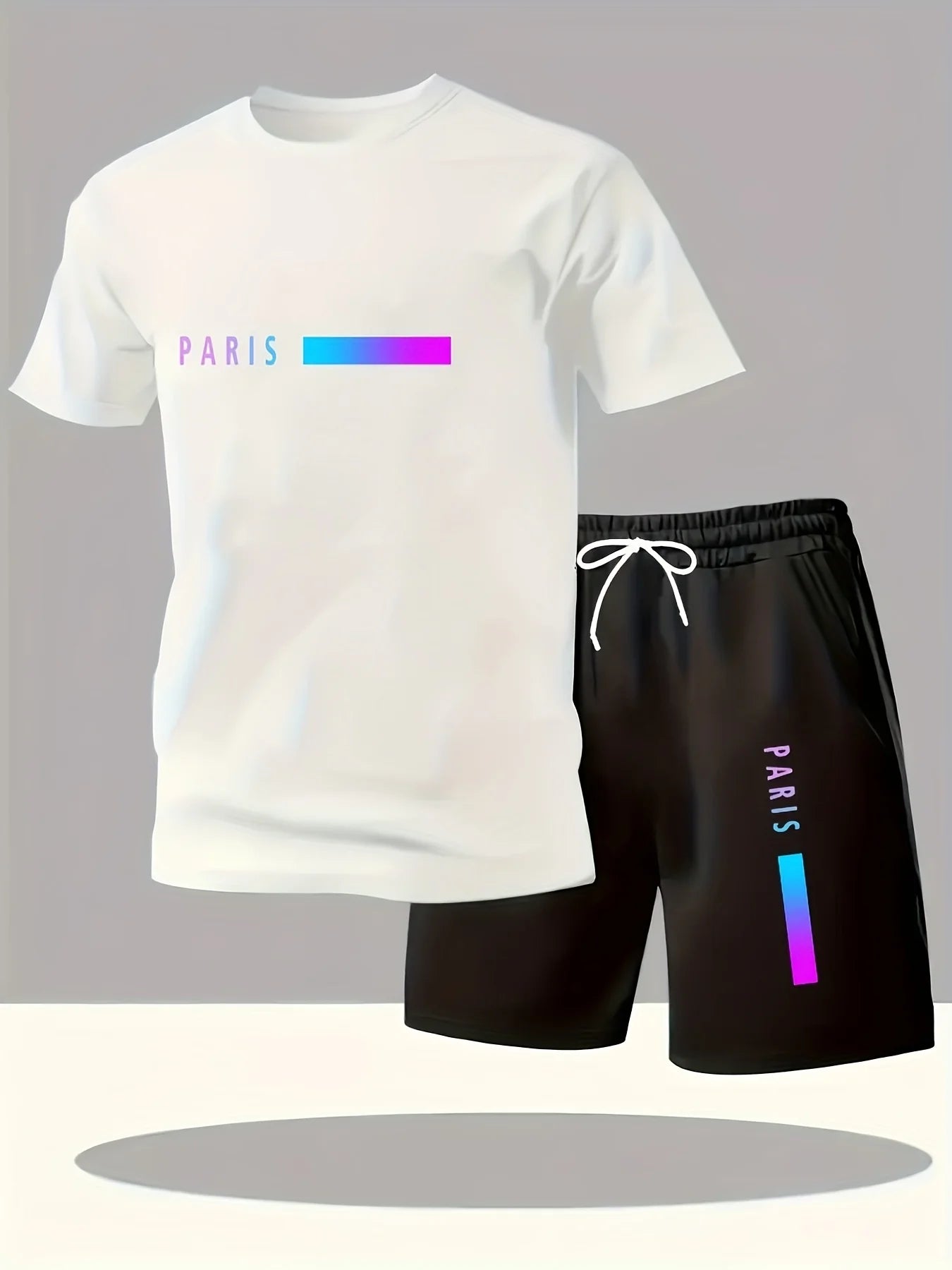 Men's Summer T-Shirt and Shorts Set Casual Relaxed Fit Sporty Crew Neck Short-Sleeve T-Shirt Paris Letter Print Two-Piece Set