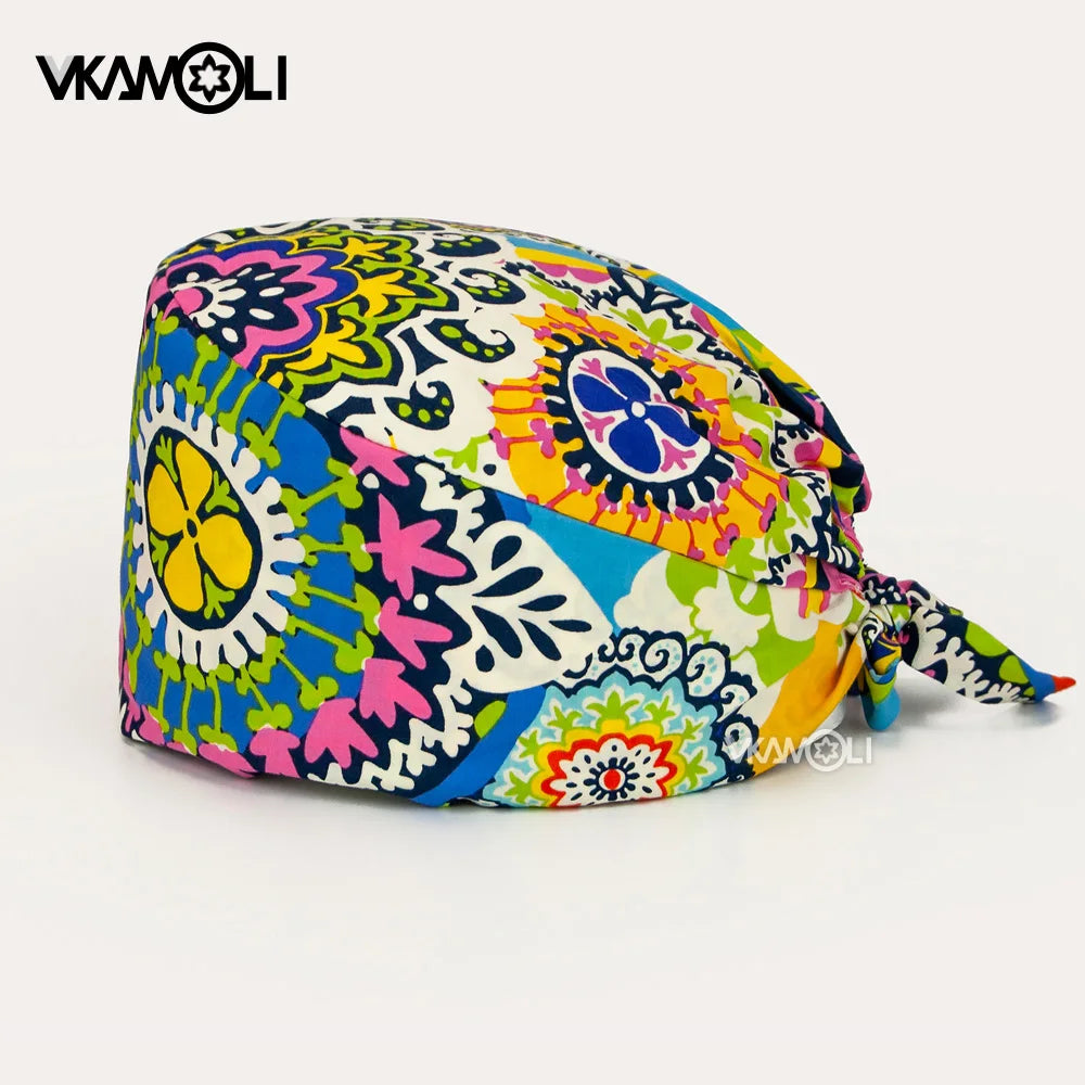 Adjustable Cotton Flower Print Scrub Caps for Women and Men