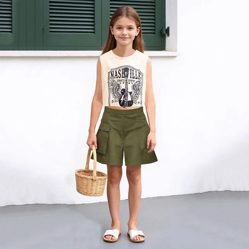 Girls Retro Rock Print Tank Top and Cargo Shorts Set