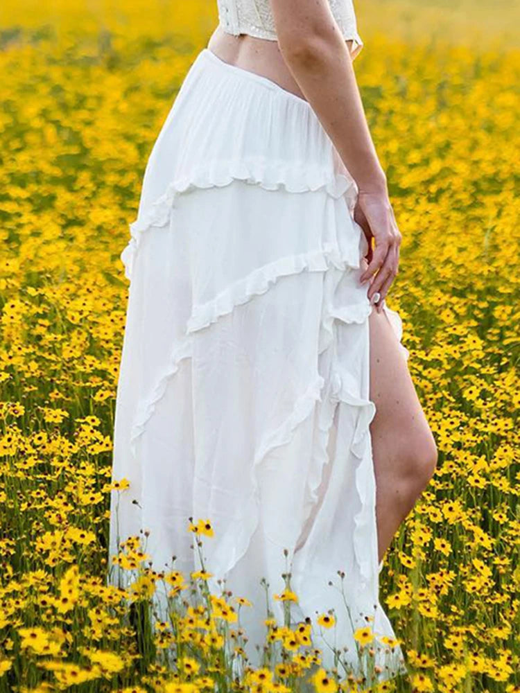 Chic Women's White Ruffled Skirt in Cotton and Polyester