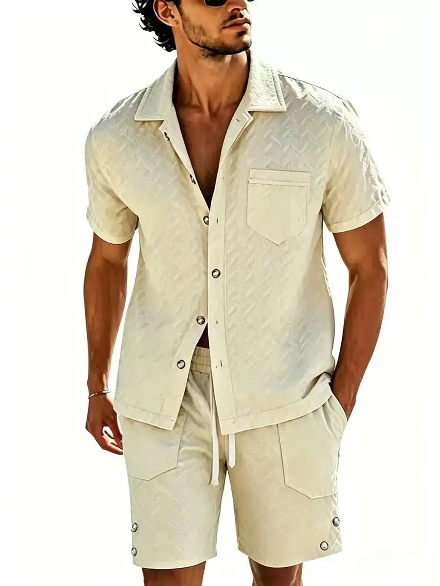 Hot Sale Men's Short-Sleeved Sets Summer Solid Loose Casual Suit Beach Style Turn-down Collar Shirts Shorts 2 Piece Sets for Men