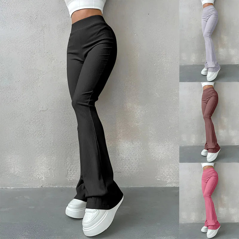 High Waisted Flared Pants for Women in Ribbed Solid Color