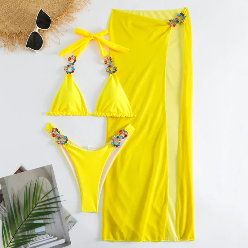 Yellow Rhinestone Bikini Set for Women by biligoshe