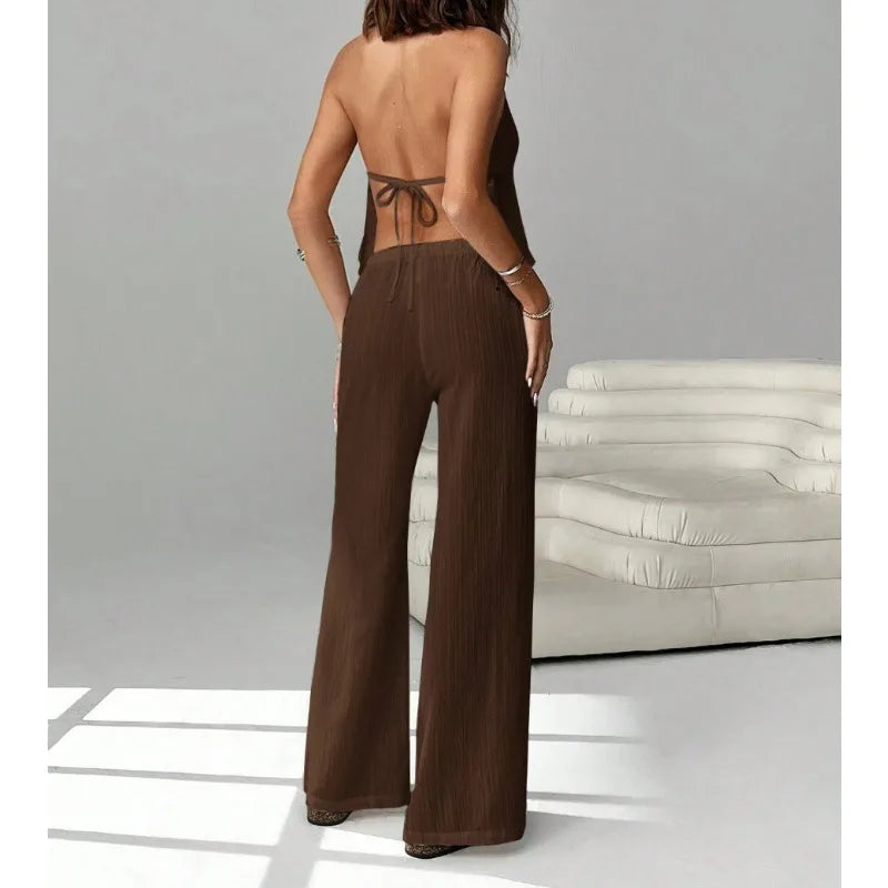 Chic Halter Backless Crop Top and Wide Leg Pants Set