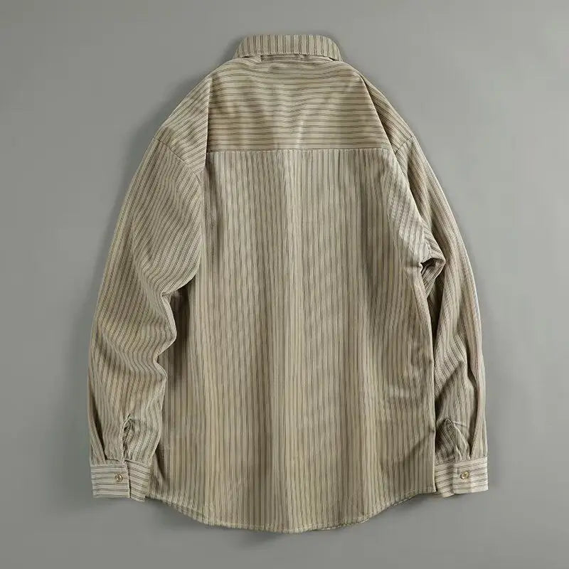 Retro Japanese Style Casual Loose Fit Corduroy Color Block Striped Long Sleeve Men's Shirt Autumn New Arrival Fashion Top