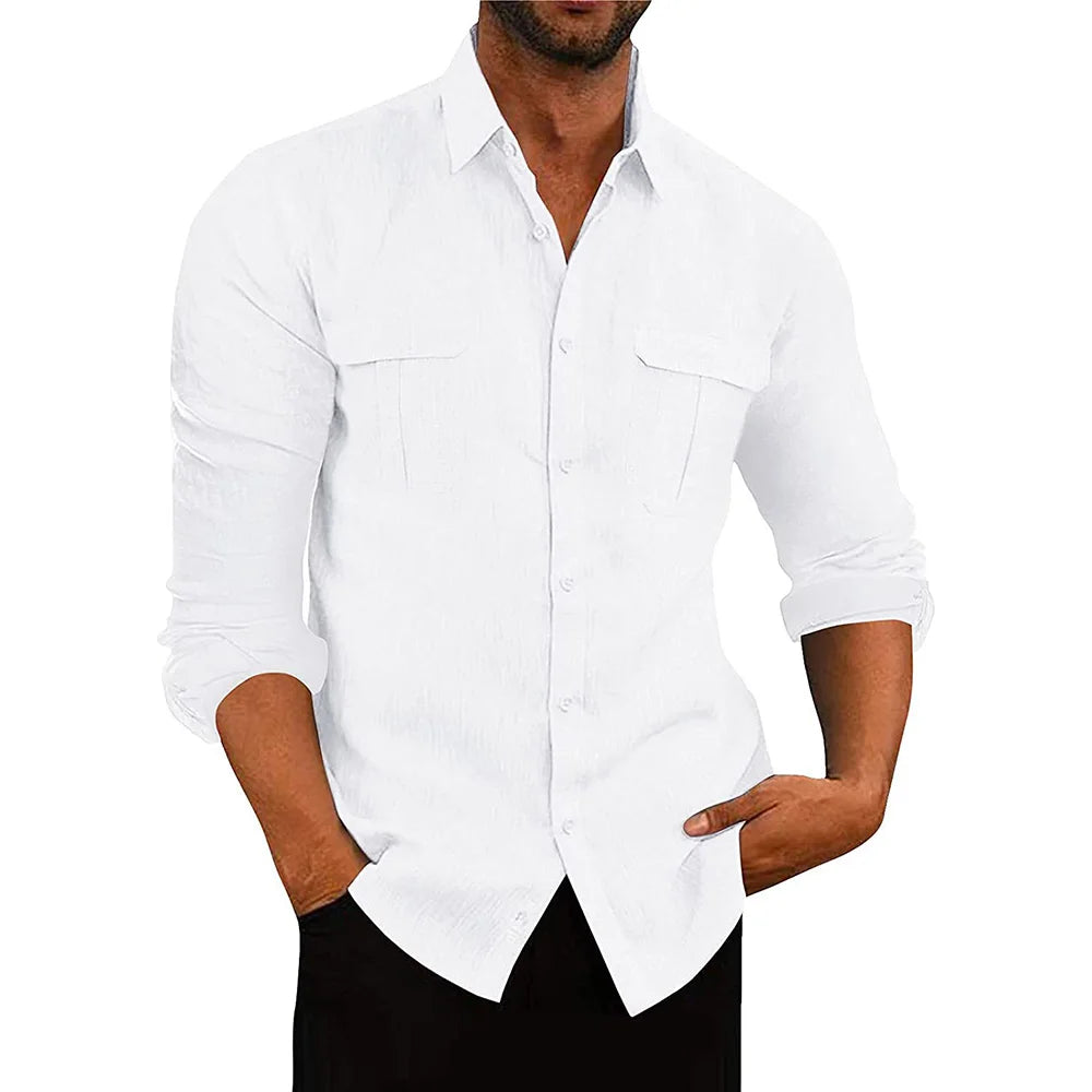 Men's Casual Cotton Linen Long Sleeve Shirt for Autumn