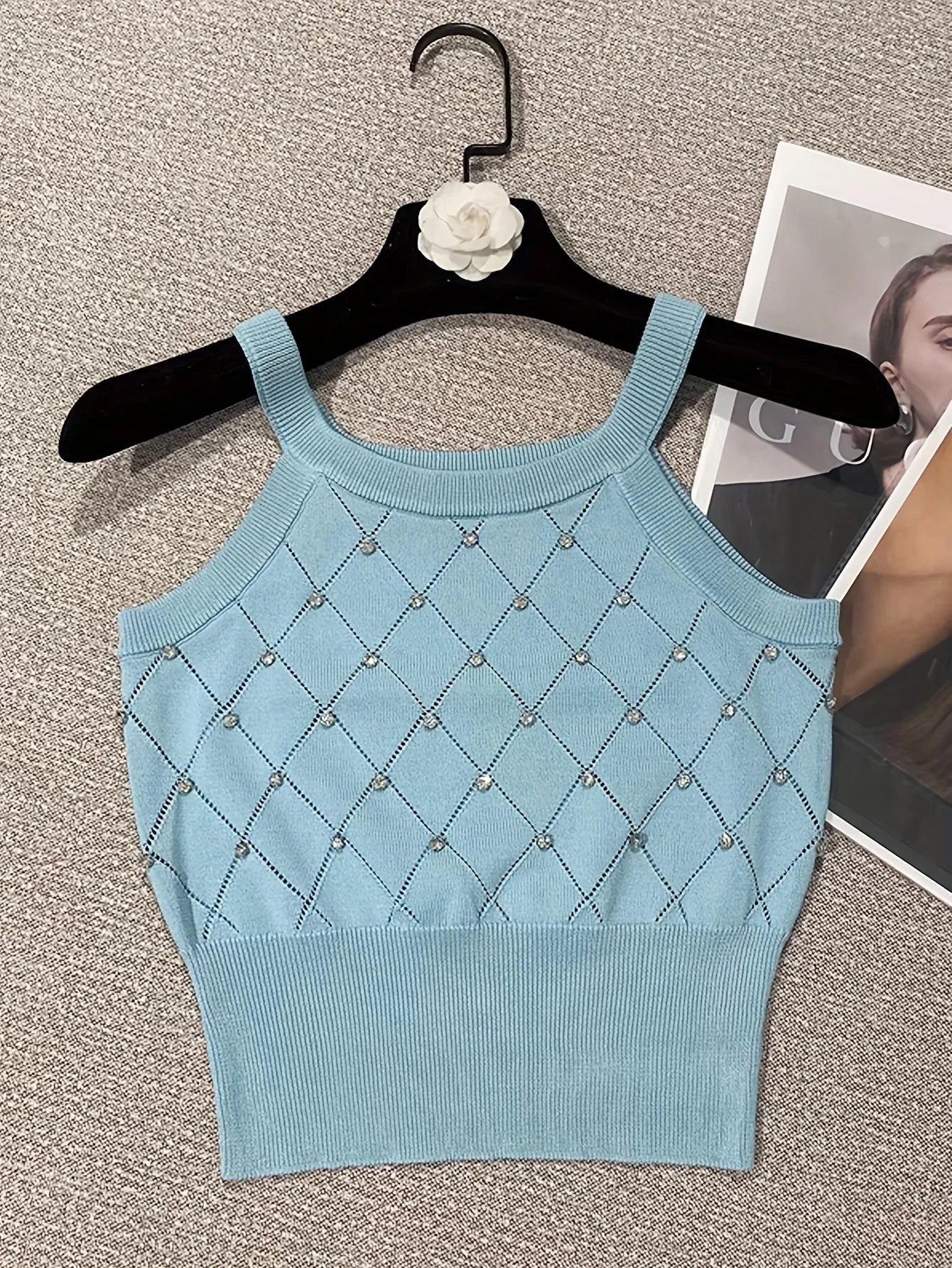Casual Knitted Cami Top with Rhinestones for Women
